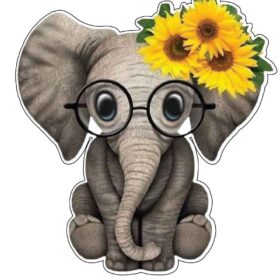 Playful Baby Elephant Student Cute Glasses Sunflowers Big Floral Sunshine Beauty Cartoon Style vinyl sticker