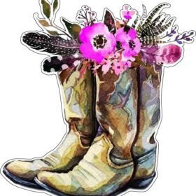 Wild West Country Cowgirl Boots With Beautiful Artistic Boho Flowers And Aesthetic Feathers Art Vinyl Sticker